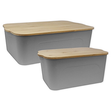 Heritage Plastic Bin with Bamboo Lid in Light Grey. View a larger version of this product image.