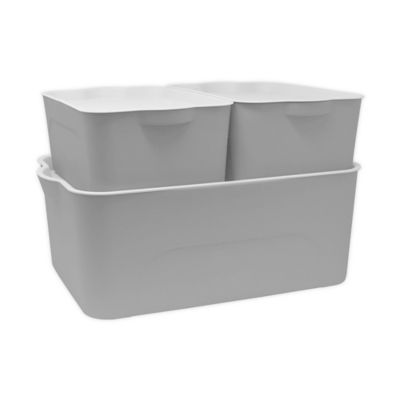 grey plastic storage bins