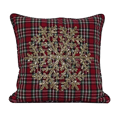 Beaded Snowflake Plaid Square Throw Pillow in Red. View a larger version of this product image.