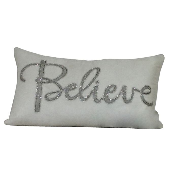 Beaded Believe Oblong Throw Pillow in White/Silver | Bed ...