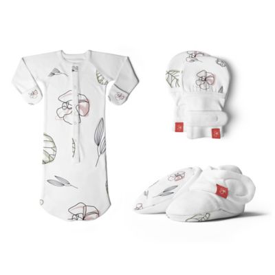 goumi Size Newborn Organic Cotton 3-Piece Abstract Floral Gown, Mitts, and Booties Set