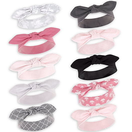 Alternate image 1 for Hudson Baby® Size 0-24M 10-Pack Damask Knot Bow Headbands in Pink/Grey