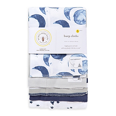 Burt&#39;s Bees Baby&reg; 5-Pack Hello Moon Organic Cotton Burp Cloths in Indigo. View a larger version of this product image.