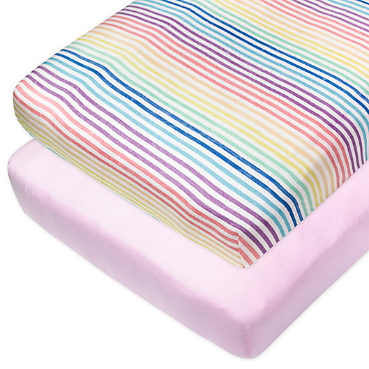 Alternate image 1 for The Honest Company® Rainbow Stripe 2-Pack Organic Cotton Fitted Crib Sheets