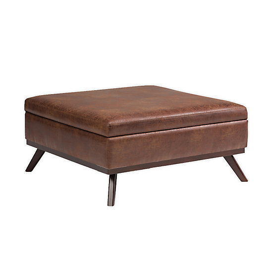 Simpli Home Owen Faux Leather Square, Faux Leather Ottoman Coffee Table With Storage