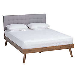 Baxton Studio® Mia Full Upholstered Platform Bed in Light Grey/Walnut