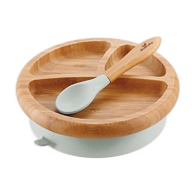 Avanchy Bamboo + Silicone Suction Divided Infant Plate and Spoon in Grey. View a larger version of this product image.