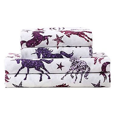 Kute Kids Sparkling Glitter Unicorn Twin Sheet Set in Pink/Purple. View a larger version of this product image.
