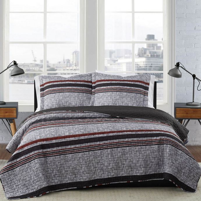 London Fog® Warren Stripe Reversible Quilt Set in Grey | Bed Bath & Beyond