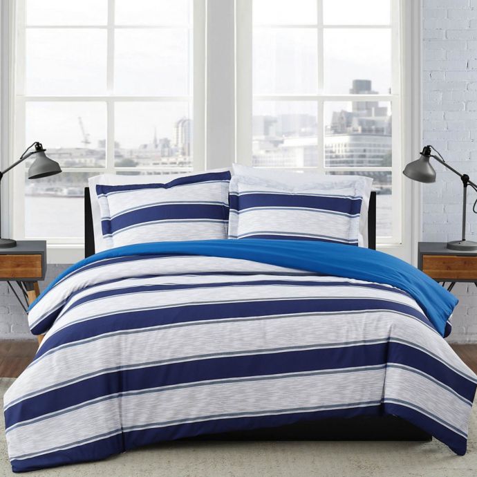 London Fog® Watkins Stripe Reversible Comforter Set in White/Blue | Bed ...