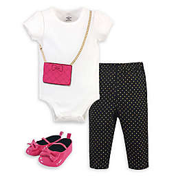 Little Treasure Size 0-3M 3-Piece Pink Purse Bodysuit, Pant and Shoe Set