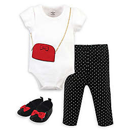 Little Treasure® 3-Piece Purse Bodysuit, Pant and Shoe Set in White/Black
