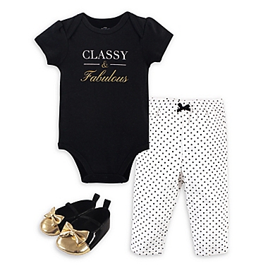 Little Treasure&reg; Size 0-3M 3-Piece Bodysuit, Pant, and Shoe Set in Black/White/Gold. View a larger version of this product image.