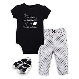 Little Treasure® Size 0-3M 3-Piece Bottle Bodysuit, Pant, and Shoe Set in Black/White