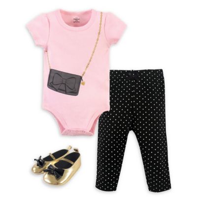 Little Treasure&trade; Size 0-3M 3-Piece Purse Bodysuit, Pant, and Shoe Set in Pink/Black