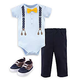 Little Treasure® 3-Piece Suspenders Bodysuit, Pant, and Shoe Set in Light Blue/Navy