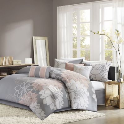 Madison Park Lola 7-Piece Queen Comforter Set in Grey/Blush