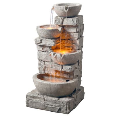 Teamson Home Tiered Bowls Stacked Stone Fountain with LED Light