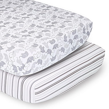 The Peanutshell&trade; 2-Pack Elephant Stripe Fitted Crib Sheets in White/Grey. View a larger version of this product image.