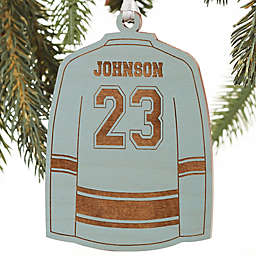 Hockey Jersey Personalized Wood Ornament in Blue Stain