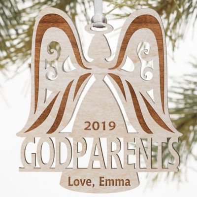 Godparent Personalized Wood Angel Ornament in Whitewash Stain