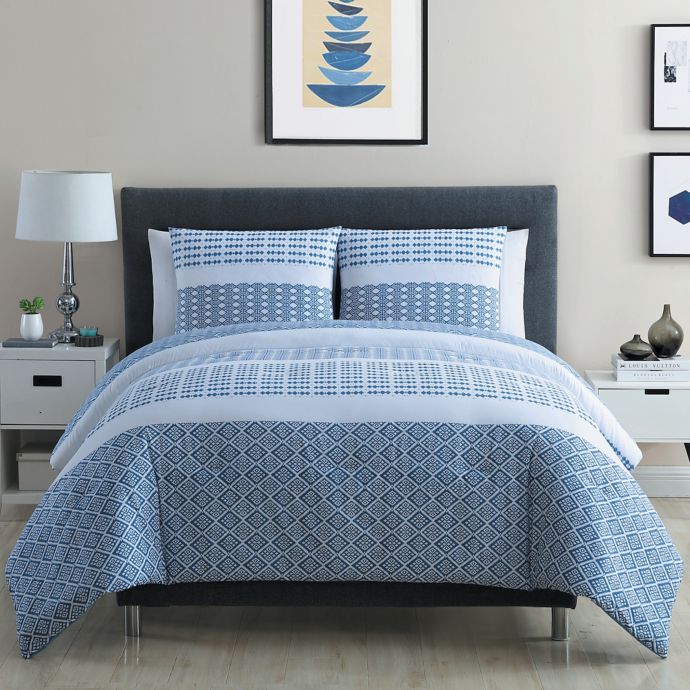 Vcny Home Pure 3 Piece Geometric Stripes Duvet Cover Set In Blue White Bed Bath And Beyond Canada