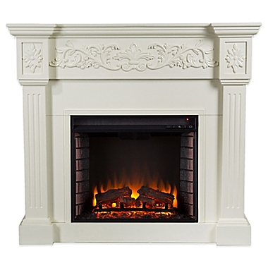 Southern Enterprises Calvert Carved Media Stand Electric Fireplace in Ivory. View a larger version of this product image.