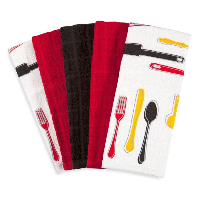 5Piece Pack of Assorted Utensil Print and Solid Terry Towels Bed