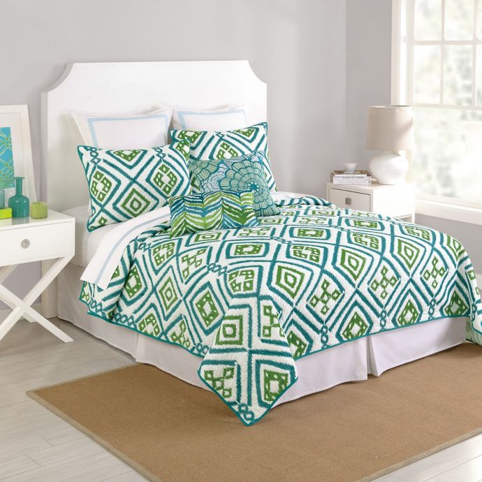 Trina Turk Ventura Ikat Embroidered Quilt In Blue Green Bed