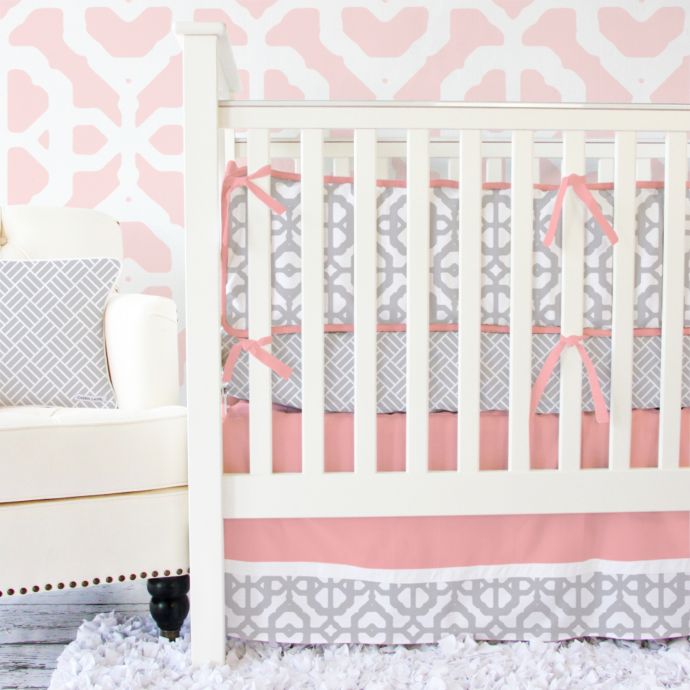 Caden Lane Mod Lattice Crib Bedding Set In Coral Grey Buybuy Baby