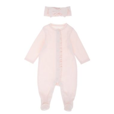 ever &amp; ever&trade; Size 3M 2-Piece Ruffle Footie and Headband Set in Rosewater. View a larger version of this product image.