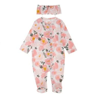 ever &amp; ever&trade; Newborn 2-Piece Ruffle Footie and Headband Set in Statement Rose. View a larger version of this product image.
