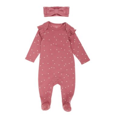 ever &amp; ever&trade; Newborn 2-Piece Ruffle Footie and Headband Set in Heather Rose. View a larger version of this product image.