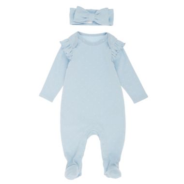ever &amp; ever&trade; Size 9M 2-Piece Ruffle Footie and Headband Set in Blue Mist. View a larger version of this product image.