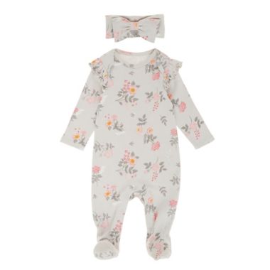 ever &amp; ever&trade; 2-Piece Ruffle Footie and Headband Set in Grey Violet Rose. View a larger version of this product image.