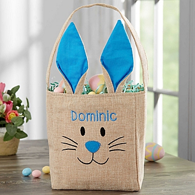 Bunny Face Personalized Burlap Easter Treat Bag in Blue. View a larger version of this product image.
