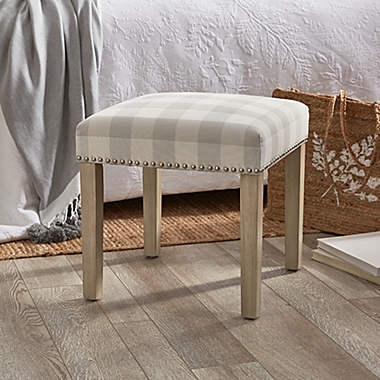 Bee &amp; Willow&trade; Ava Upholstered Gingham Ottoman in Sage Grey. View a larger version of this product image.