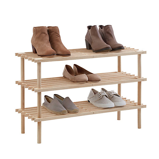 3 Tier Stackable Natural Wood Shoe Rack, 3 Drawer Wooden Shoe Cabinet Storage Unit With Umbrella Compartment