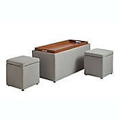 Storage Bench with Tray and 2 Ottomans in Greige