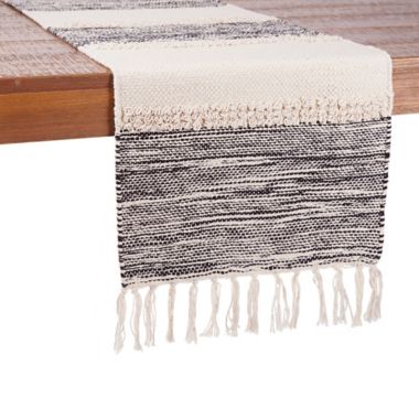 Our Table&trade; Fringe Stripe 90-Inch Table Runner in Black/Natural. View a larger version of this product image.