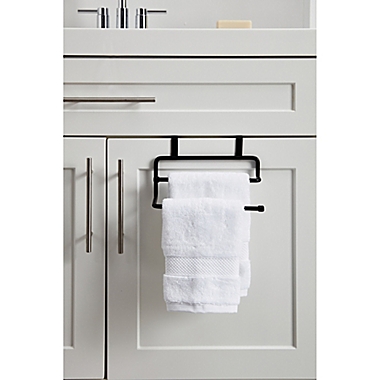Squared Away&trade; Over the Cabinet Towel Bar in Matte Black. View a larger version of this product image.