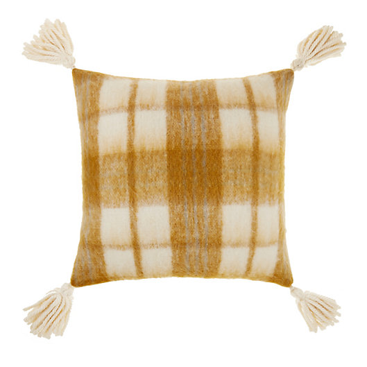 Alternate image 1 for Bee & Willow™ Faux Mohair Plaid Square Throw Pillow in Coconut Milk/Gold