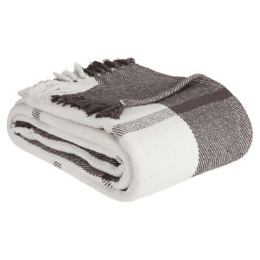 Bee &amp; Willow&trade; Window Pane Plaid Twin Fringe Blanket in Granite Grey. View a larger version of this product image.