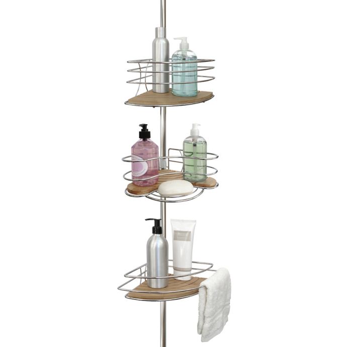 Tension Pole Shower Corner Caddy in Bamboo/Chrome Bed Bath and Beyond