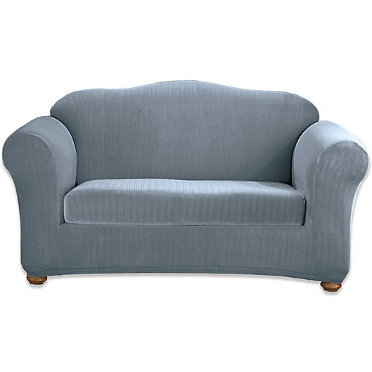 Alternate image 1 for Sure Fit® Stretch Pinstripe 2-Piece T-Cushion Sofa Slipcover in French Blue