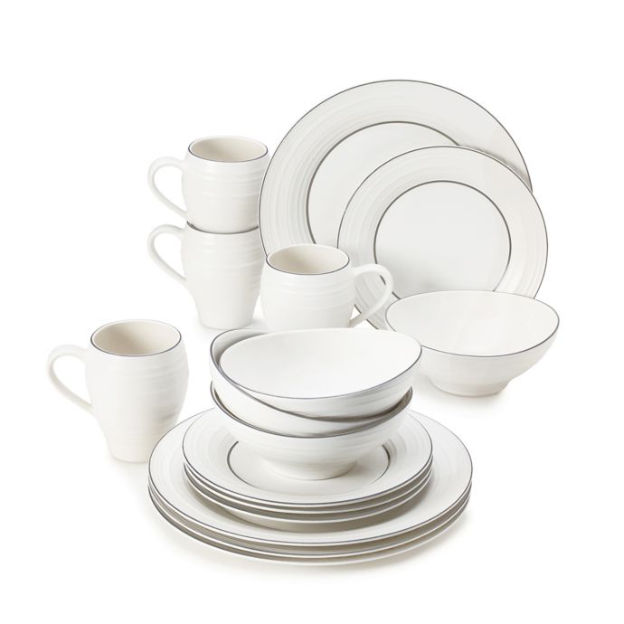 Mikasa® Swirl 16-Piece Graphite Banded Dinnerware Set in White | Bed ...