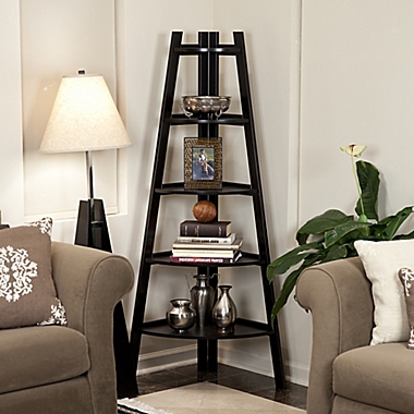 Wood Tiered Corner Ladder Bookcase Display in Espresso. View a larger version of this product image.