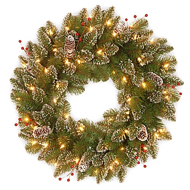 Pre-Lit 24-Inch Glittery Mountain Spruce Wreath. View a larger version of this product image.