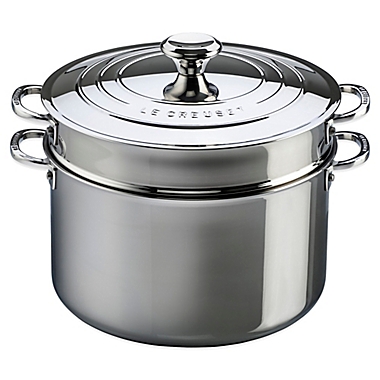 Le Creuset&reg; 9 qt. Tri-Ply Stainless Steel Covered Stock Pot with Deep Colander Insert. View a larger version of this product image.