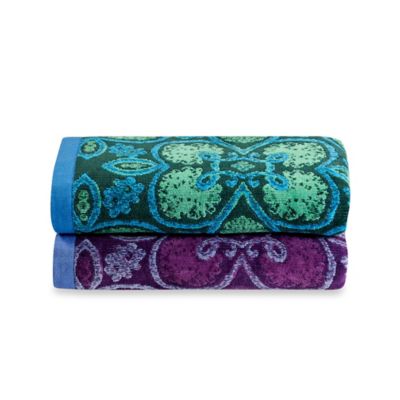 purple patterned bath towels